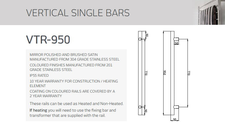 Radiant Single Vertical ROUND Bar Heated Towel Rail 950mm Tall - Various Colour Finishes