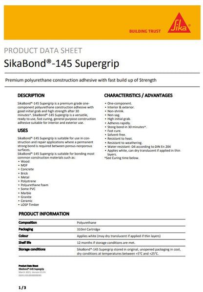SikaBond 145 SuperGrip Construction Adhesive 310ml Cartridge - Box of 12