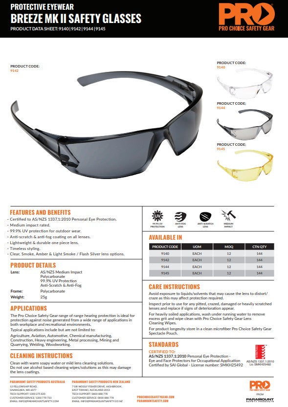 Pro Choice Breeze MkII Safety Glasses - 12 Pairs in 4 Lens Colour Options