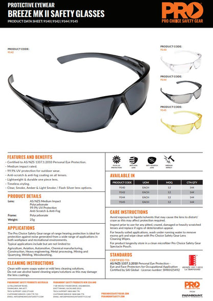 Pro Choice Breeze MkII Safety Glasses - 12 Pairs in 4 Lens Colour Options
