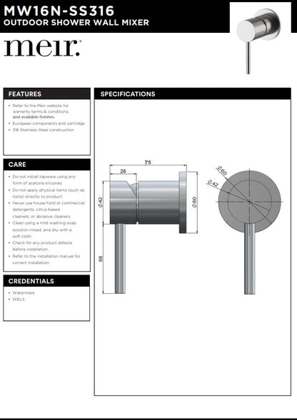 Meir Outdoor Lifestyle Round Wall Mixer - SS316