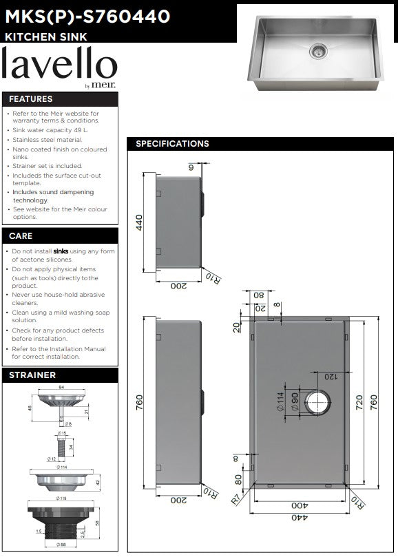 Meir Lavello Kitchen Sink Single Bowl - 440 x 760mm - 3 Colour Finishes