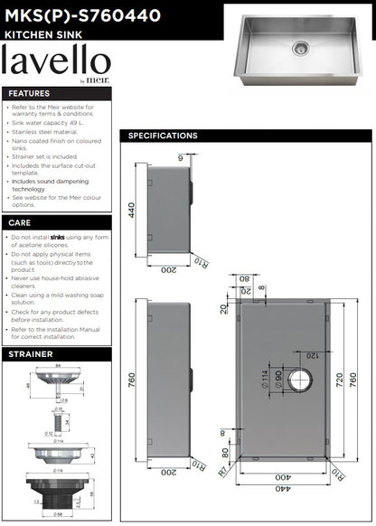 Meir Lavello Kitchen Sink Single Bowl - 440 x 760mm - 3 Colour Finishes