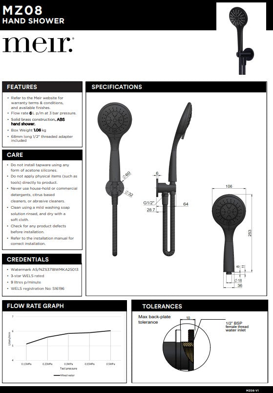 Meir Round 3-Function Hand Shower on Fixed Bracket - Various Colour Finishes