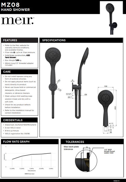 Meir Round 3-Function Hand Shower on Fixed Bracket - Various Colour Finishes