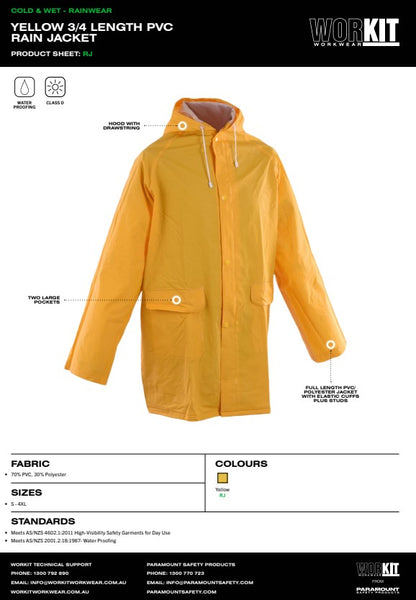 Pro Choice Yellow 3/4 Length PVC Rain Jacket - Various SIzes