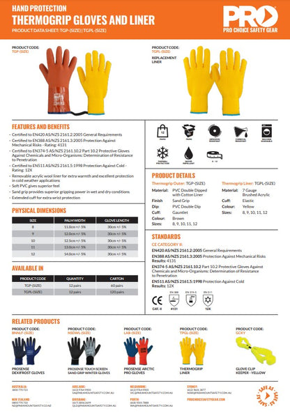 Pro Choice ThermoGrip Glove with Removable Winter Liner - 12 Pairs in 3 Size Options