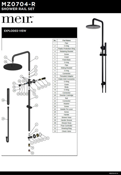 Meir Round Combination Shower Rail 200mm Rose + Single Function Hand Shower - Various Colour Finishes