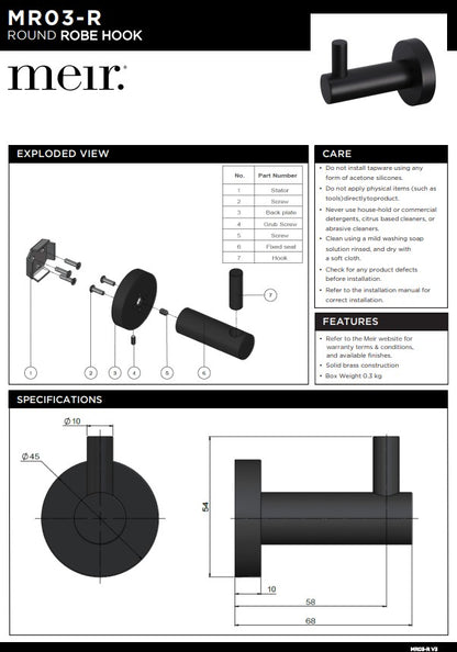 Meir Round Robe Hook - Various Colour Finishes