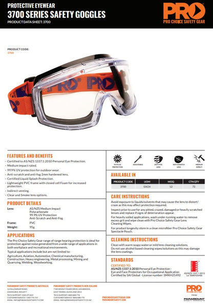 Pro Choice 3700 Series Safety Goggles Clear Lens - 12 Pairs