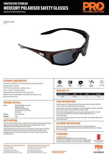 Pro Choice Mercury Safety Glasses Polarised Smoke Lens - 1 pair