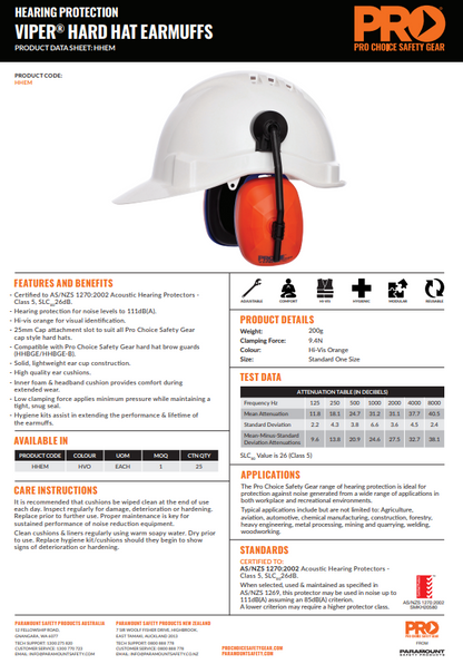 Pro Choice Viper Earmuffs Class 5 -26db - 3 Style Options and optional Hygiene Kit