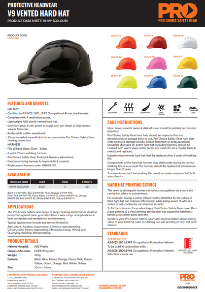 Pro Choice V9 Hard Hat Vented Pushlock Harness - 10 Colour Options