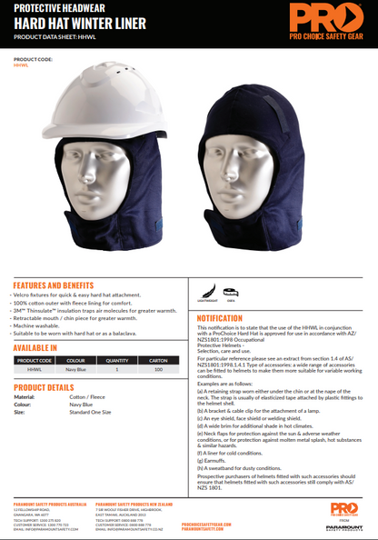 Pro Choice Hard Hat Winter Liner - Navy