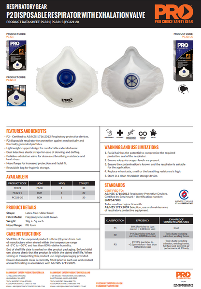 Pro Choice Dust Masks P2 + Valve - 3 or 12 Box