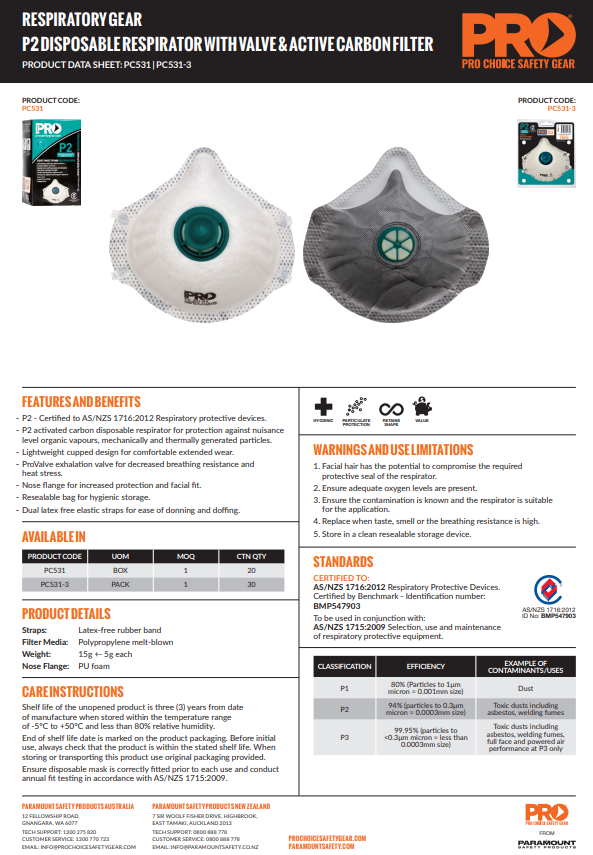 Pro Choice Dust Masks P2 + Valve + Carbon - Box of 12