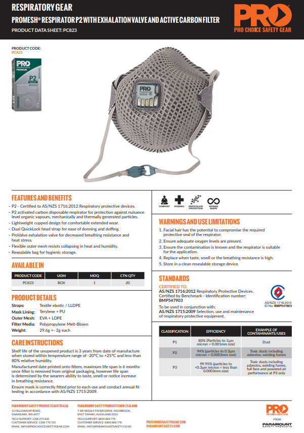 Pro Choice Dust Masks Promesh P2+Valve+Carbon - Box of 12