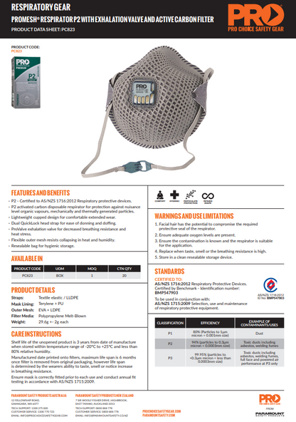 Pro Choice Dust Masks Promesh P2+Valve+Carbon - Box of 12