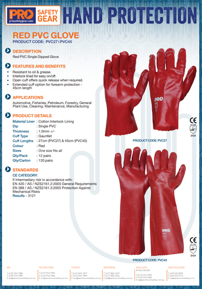 Pro Choice Red PVC Gloves one size - 12 Pairs in 27cm or 45cm