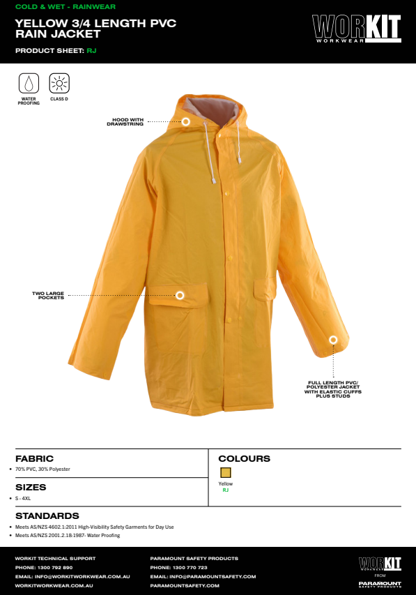 Pro Choice Yellow 3/4 Length PVC Rain Jacket - Various SIzes