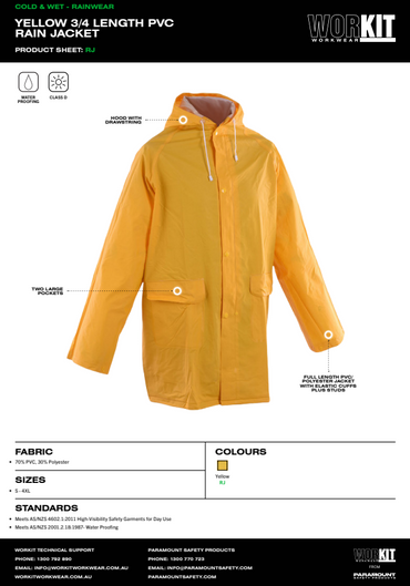Pro Choice Yellow 3/4 Length PVC Rain Jacket - Various SIzes