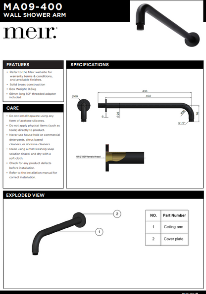 Meir Round Wall Shower Curved Arm 400mm - Various Colour Finishes