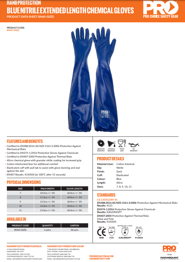 Pro Choice Blue Nitrile Extended Length Chemical Gloves - 6 Pairs in 5 Size Options