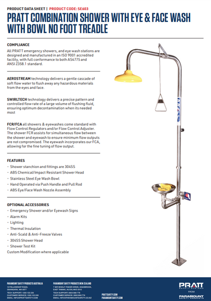 Pratt Emergency Showers & Eyewash Combinations Units - Foot Treadle, Face Wash and Bowl Options
