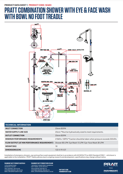 Pratt Emergency Showers & Eyewash Combinations Units - Foot Treadle, Face Wash and Bowl Options