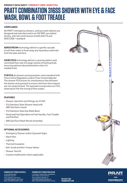 Pratt Emergency Showers & Eyewash Combinations Units - Foot Treadle, Face Wash and Bowl Options