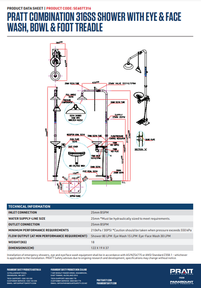 Pratt Emergency Showers & Eyewash Combinations Units - Foot Treadle, Face Wash and Bowl Options