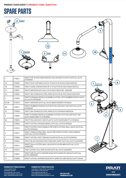 Pratt Emergency Showers & Eyewash Combinations Units - Foot Treadle, Face Wash and Bowl Options