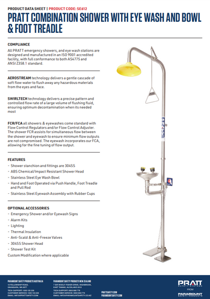 Pratt Emergency Showers & Eyewash Combinations Units - Foot Treadle, Face Wash and Bowl Options
