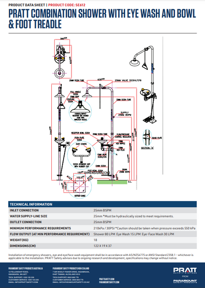 Pratt Emergency Showers & Eyewash Combinations Units - Foot Treadle, Face Wash and Bowl Options