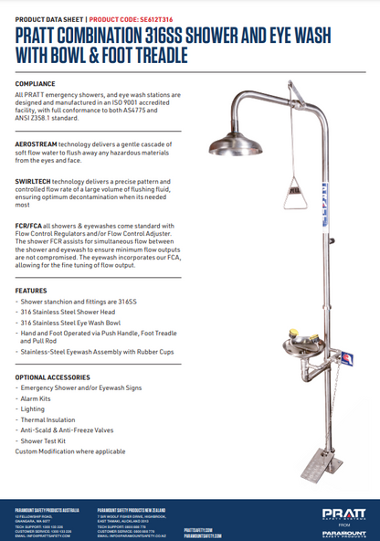 Pratt Emergency Showers & Eyewash Combinations Units - Foot Treadle, Face Wash and Bowl Options