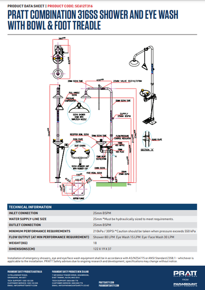 Pratt Emergency Showers & Eyewash Combinations Units - Foot Treadle, Face Wash and Bowl Options