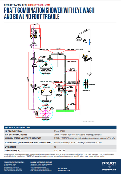 Pratt Emergency Showers & Eyewash Combinations Units - Foot Treadle, Face Wash and Bowl Options
