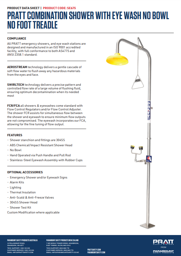 Pratt Emergency Showers & Eyewash Combinations Units - Foot Treadle, Face Wash and Bowl Options