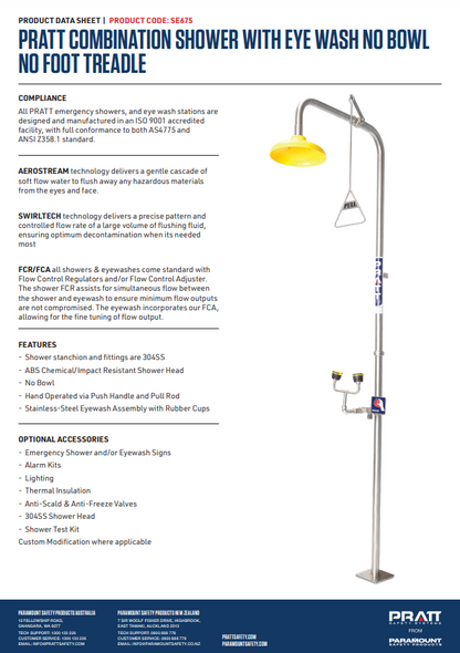Pratt Emergency Showers & Eyewash Combinations Units - Foot Treadle, Face Wash and Bowl Options