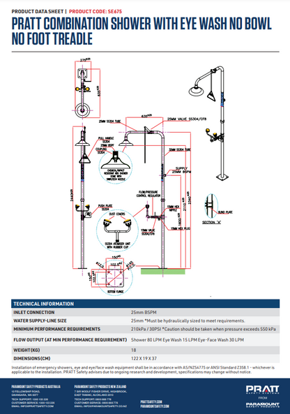 Pratt Emergency Showers & Eyewash Combinations Units - Foot Treadle, Face Wash and Bowl Options