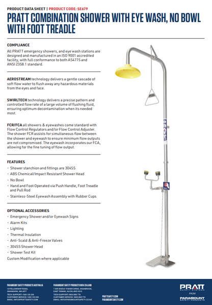 Pratt Emergency Showers & Eyewash Combinations Units - Foot Treadle, Face Wash and Bowl Options
