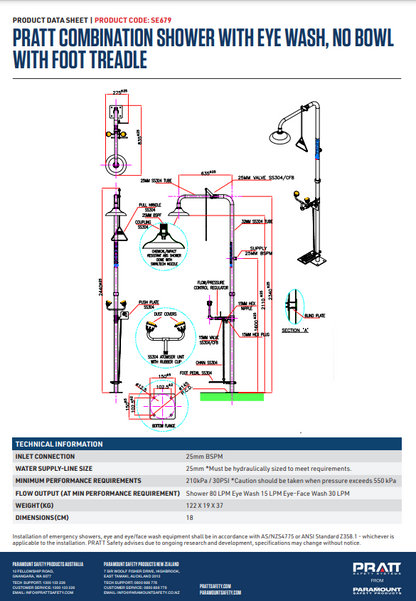 Pratt Emergency Showers & Eyewash Combinations Units - Foot Treadle, Face Wash and Bowl Options