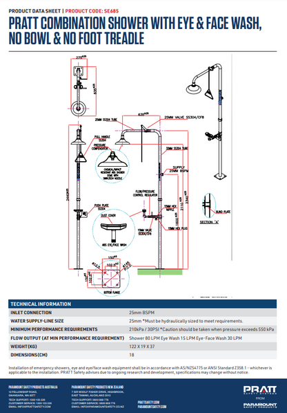 Pratt Emergency Showers & Eyewash Combinations Units - Foot Treadle, Face Wash and Bowl Options
