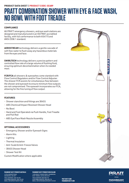 Pratt Emergency Showers & Eyewash Combinations Units - Foot Treadle, Face Wash and Bowl Options