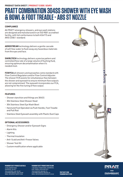 Pratt Emergency Showers & Eyewash Combinations Units - Foot Treadle, Face Wash and Bowl Options