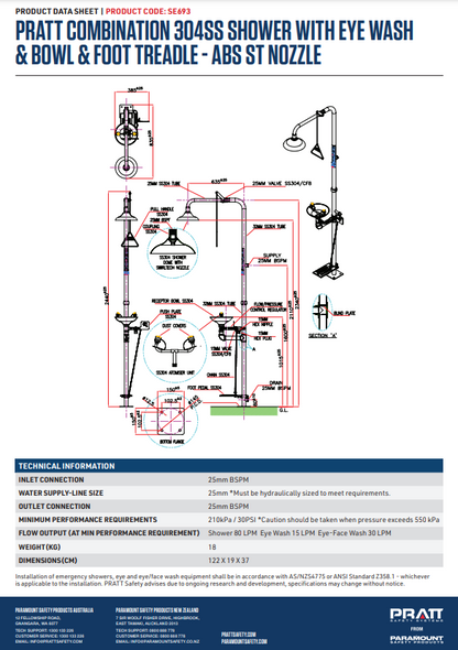 Pratt Emergency Showers & Eyewash Combinations Units - Foot Treadle, Face Wash and Bowl Options