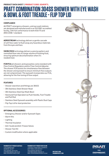 Pratt Emergency Showers & Eyewash Combinations Units - Foot Treadle, Face Wash and Bowl Options