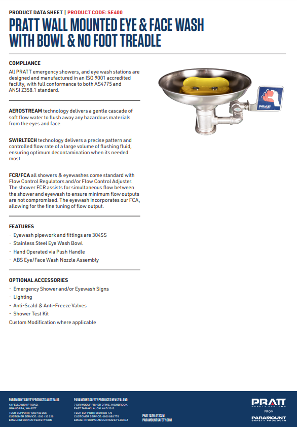 Pratt Fixed Wall Mounted Emergency Eye Wash Units - Foot Treadle, Eye Face Wash and Bowl Options