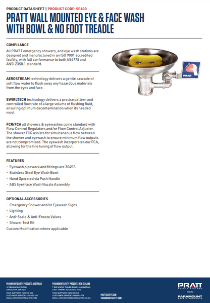 Pratt Fixed Wall Mounted Emergency Eye Wash Units - Foot Treadle, Eye Face Wash and Bowl Options