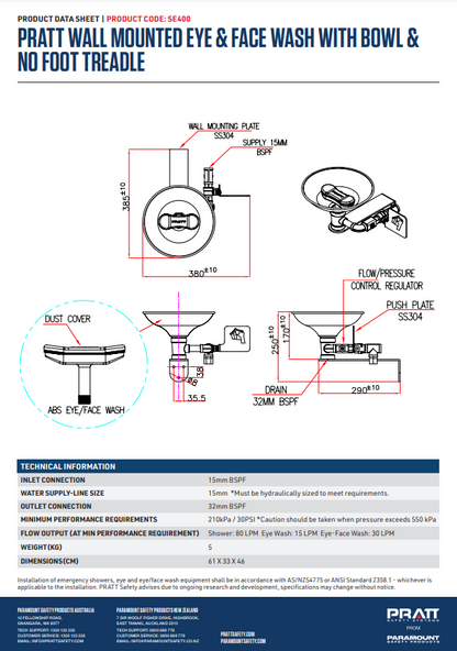 Pratt Fixed Wall Mounted Emergency Eye Wash Units - Foot Treadle, Eye Face Wash and Bowl Options